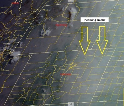 satellite image of smoke over Eastern Colorado
