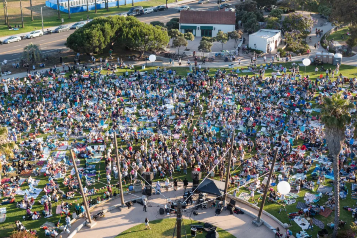 Aerial view of Concerts In The Park series. Large crowd around stage.