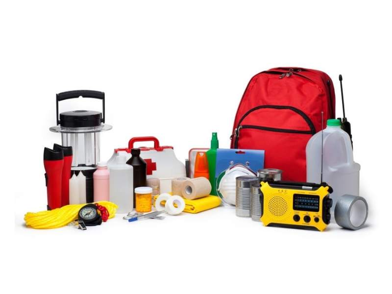Emergency Kit Supplies, backpack, first air, water radio, lantern.