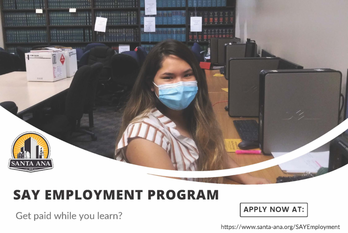 An image of a woman wearing a face mask sitting at a desk with books on the back and the information about how to apply for the SAY Employment Program.