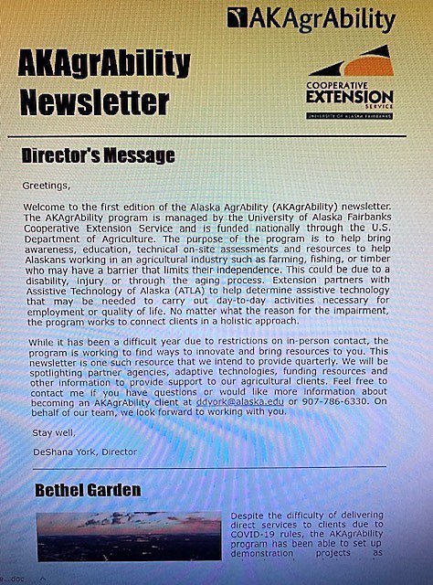 Front page of newsletter from Alaska AgrAbility with their logo in the upper right corner and the Director's Message in the center