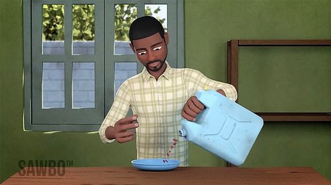 Image from an animation showing an African man in a roomwith green walls pouring something from a blue 2 gallon container into a shallow blue bowl with a window behind him
