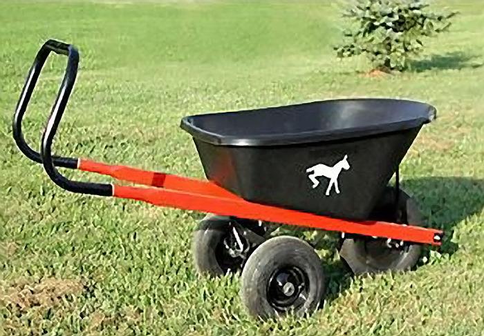 Wheelbarrow with one front wheel and two back wheels and a long handle bending to vertical position