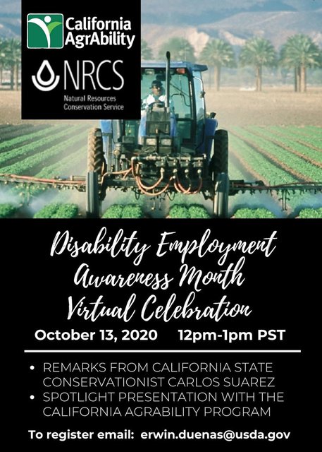 oncoming tractor spraying green rows bottom posted black background with white text saying Disability Employment Awareness Month Virtual Celebration 