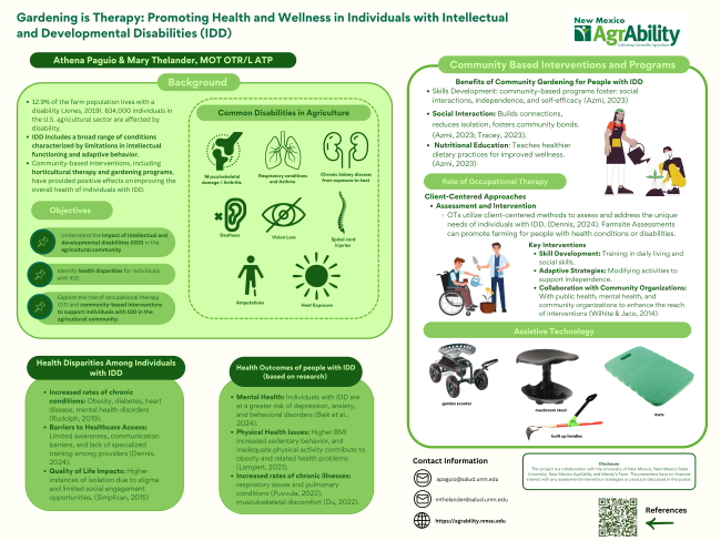 1st page of PDF titled GARDENING IS THERAPY...showing drawings of common disabilities in ag - assistive technology - and various benefits of gardening