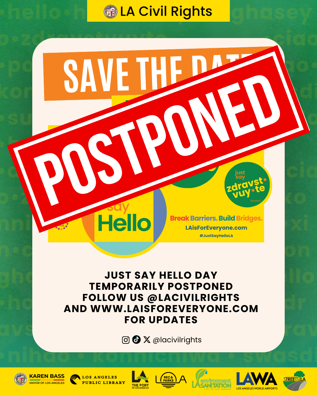 Image of Save the Date with the word Postponed stamped across notifying postponement of upcoming Just Say Hello Day event.