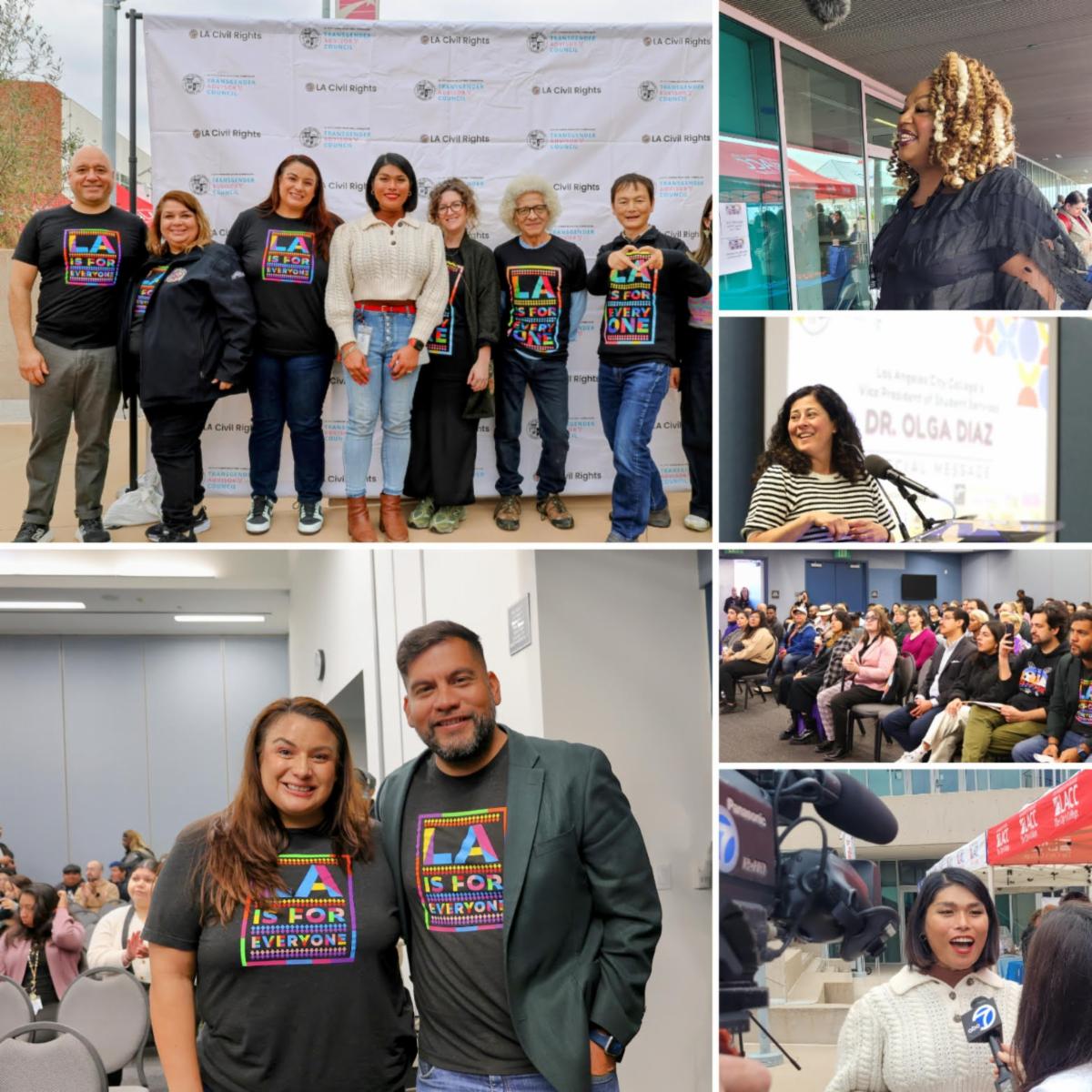 Collage of photos of people posing and talking and interviewed on tv and audience at TGI2plus job fair