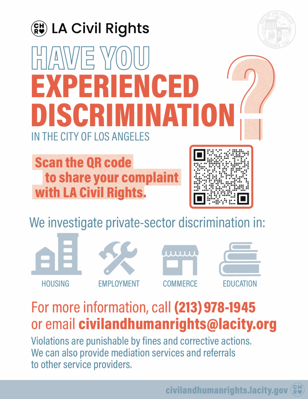 LA Civil Rights promotional flyer for its discrimination enforcement services.