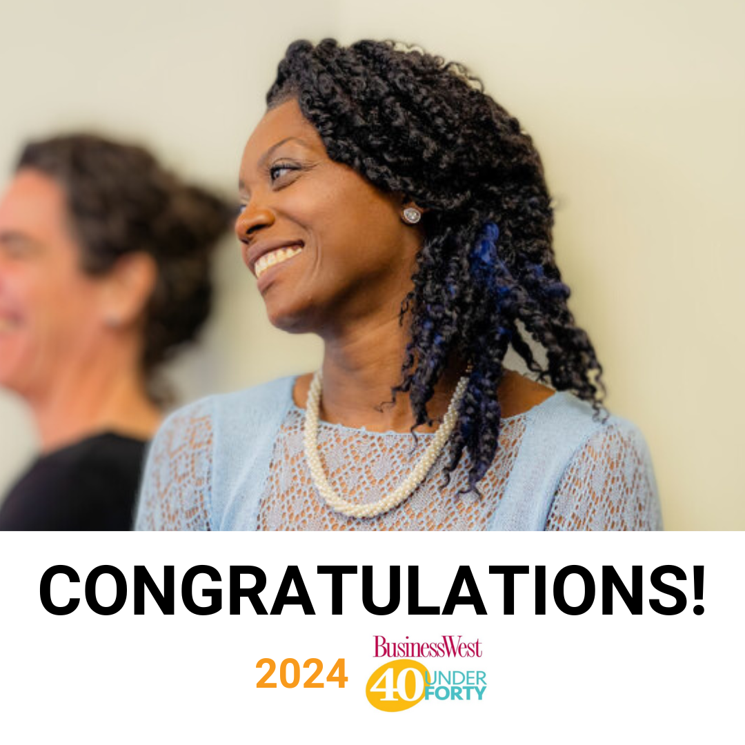 Tiffany Rufino smiling and looking off to left. Text reads, "Congratulations, 2024 Business West 40 under forty"