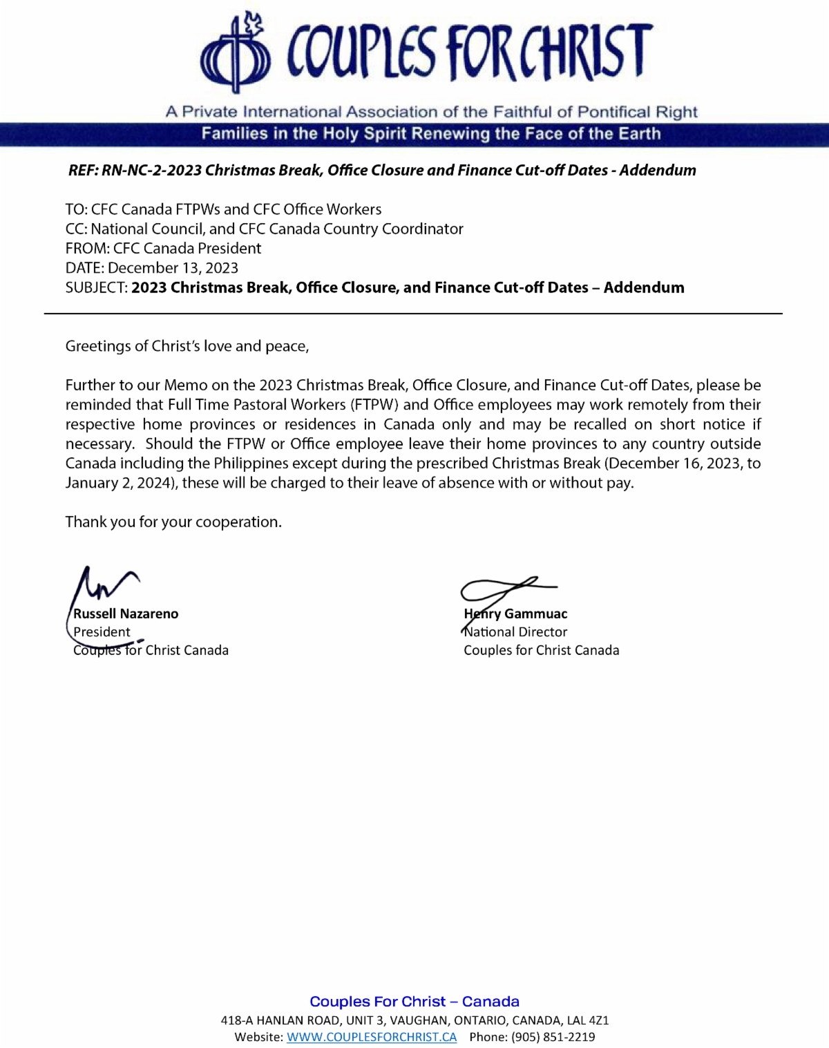 2023 Christmas Break, Office Closure, and Finance Cutoff Dates Addendum