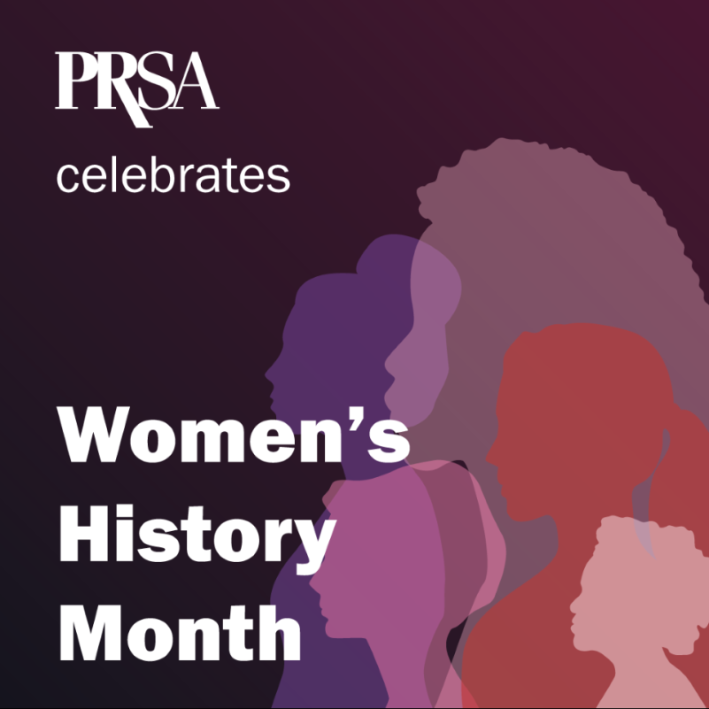 Graphic image that has side portrait images of womens faces in various red and purple colors It reads Women's History Month