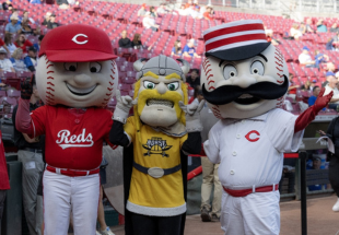 Image of Mr. Red, Victor E. Viking, and Mr. Redlegs at Great American Ballpark 