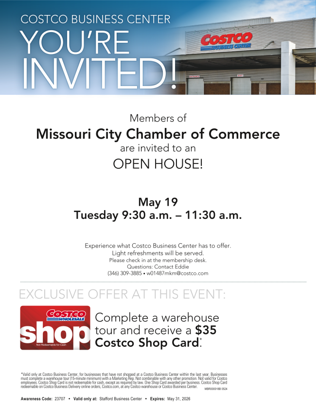 Costco Business Center Open House Invitation for Missouri City Chamber of Commerce members