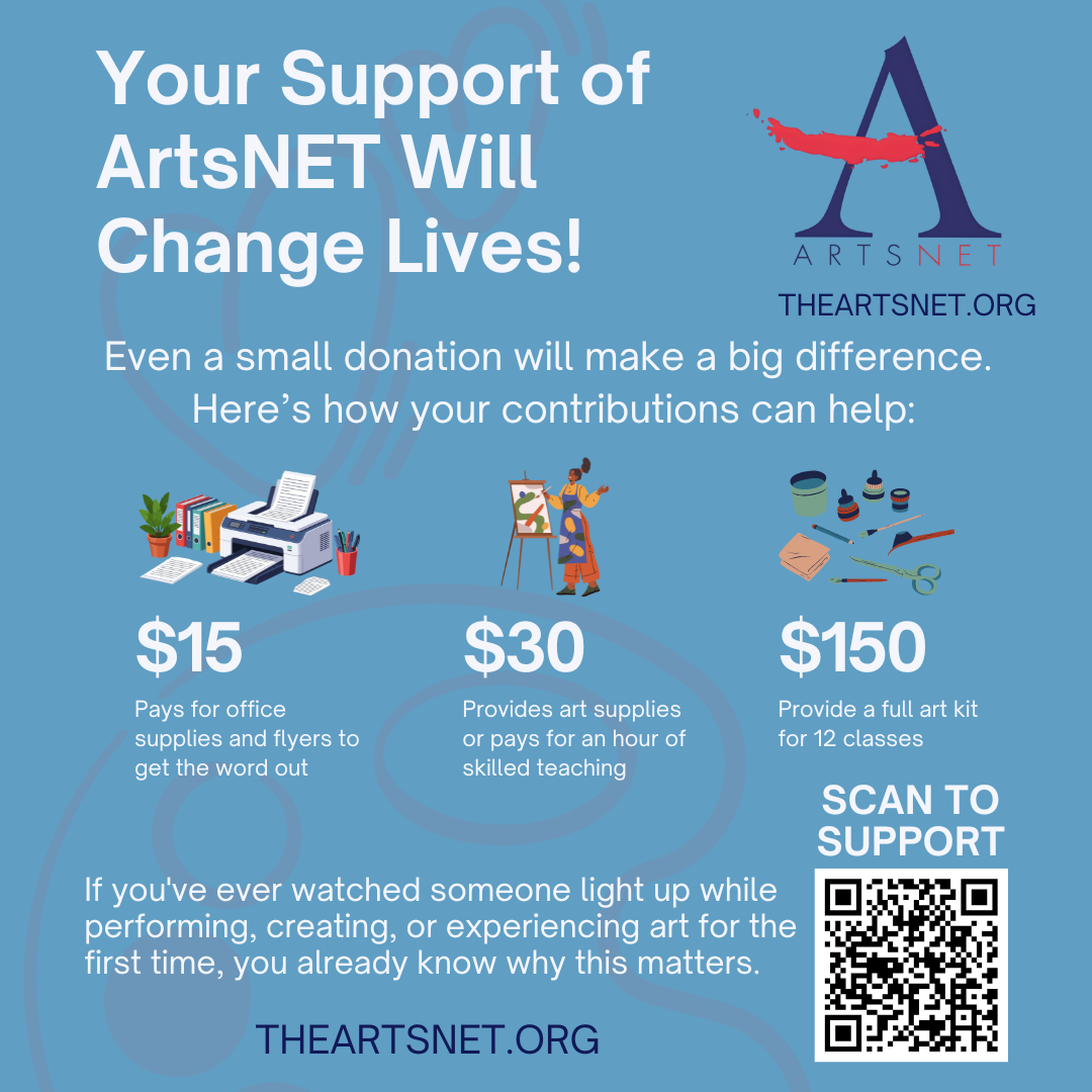 $15 will help to pay for office supplies and flyers to get the word out.﻿ ﻿ $30 will replenish art supplies or pay for an hour of a skilled teacher’s time.﻿ ﻿ $150 will provide a full art kit for 12 classes.