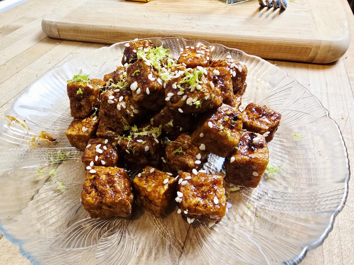 sticky glazed tofu with sesame seeds
