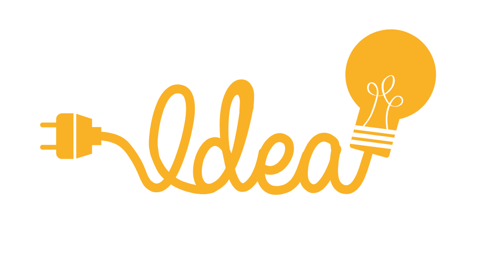 Idea written in cursive with a plug on one end and a light bulb on the other