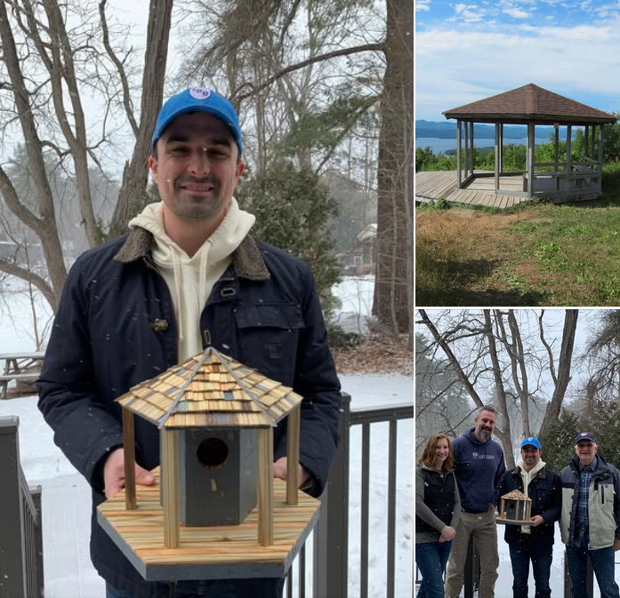 A collage of pictures includes one showing a man holding a wooden birdhouse that looks like the Pilot Knob gazebo.