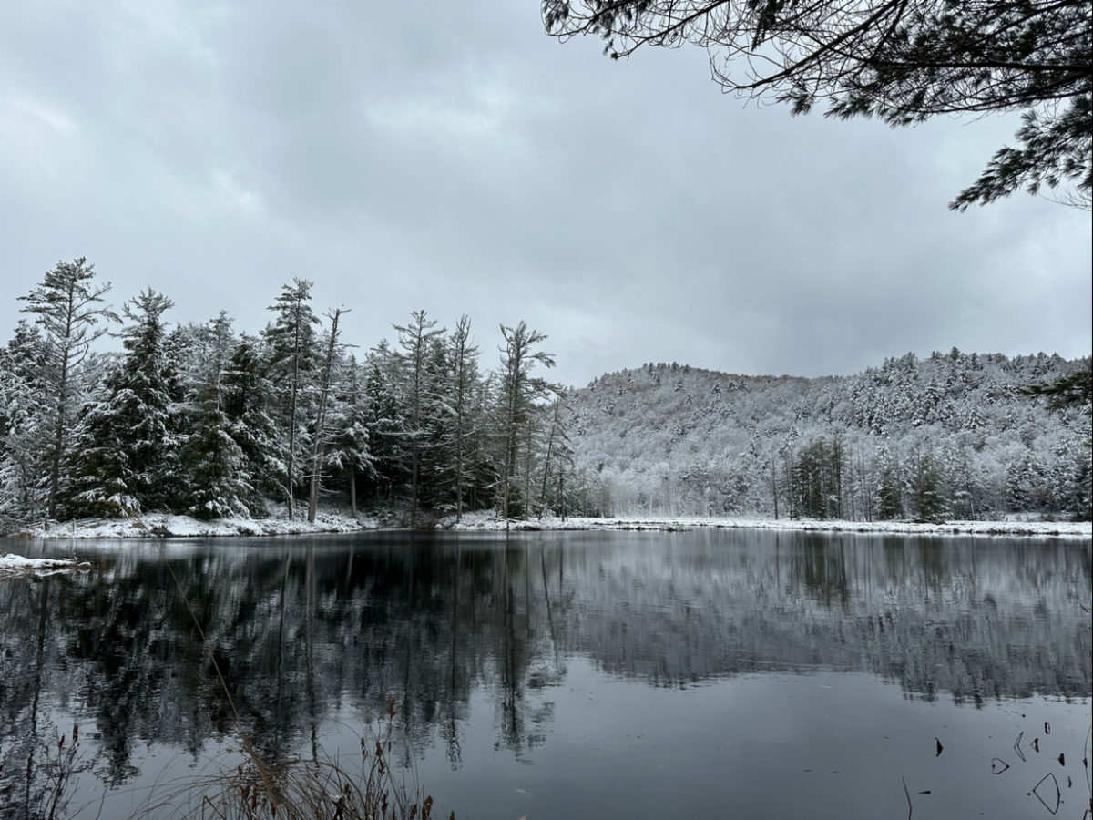 snow covered trees and mountain side are reflected on a pond's surface.
