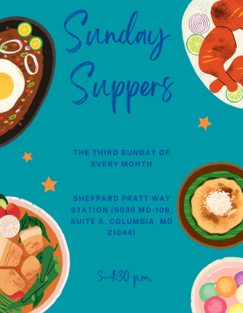 Sunday Suppers flyer. Free monthly gathering held on the third Sunday of every month from 3–4:30 p.m. at Sheppard Pratt Way Station, 9030 MD-108, Suite A, Columbia, MD 21044.
