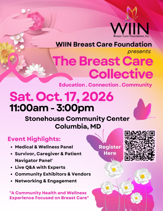 Pink flyer for the WIIN Breast Care Foundation’s “Breast Care Collective: Education. Connection. Community.” The event takes place Saturday, October 17, 2026, from 11:00 AM–3:00 PM at Stonehouse Community Center in Columbia, Maryland. Highlights include medical and wellness panels, a survivor, caregiver and patient navigator panel, live Q&A with experts, community exhibitors and vendors, networking, and engagement. A QR code is provided for registration.