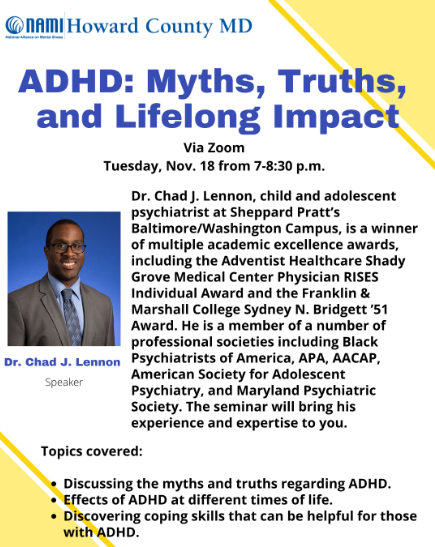 ADHD- Myths Truths and Lifelong Impact flier with information about the event
