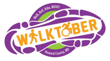 Howard County Walktober logo featuring purple shoeprints surrounding the word “WALKTOBER” in orange and purple, with the tagline “Walk, Roll, Ride, MOVE!” above and “Howard County” below.