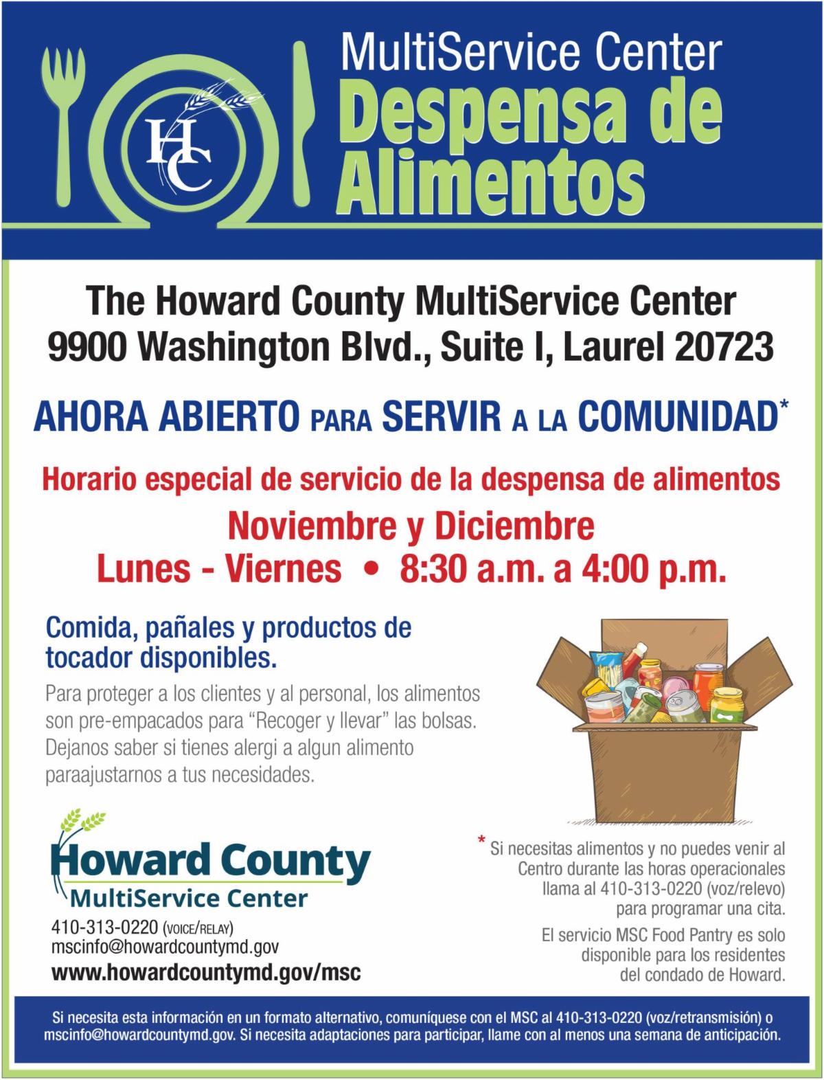 MSC Food Pantry extended hours in Spanish. Grocery bag with food.