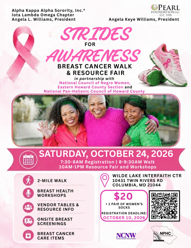 Flyer for “Strides for Awareness,” a Breast Cancer Walk and Resource Fair on Saturday, October 24, 2026, at Wilde Lake Interfaith Center in Columbia. The event includes a 2-mile walk, breast health workshops, vendor and resource tables, onsite breast screenings, and breast cancer care items. Registration begins at 7:30 AM, the walk is from 8:00–9:30 AM, and the resource fair and workshops run from 10:00 AM–1:00 PM. Registration is $20 plus one pair of women’s socks and is due by October 10.