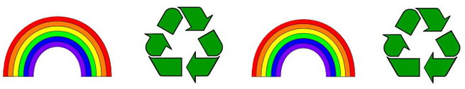 Two colorful rainbow icons alternating with two green recycling symbols on a white background.