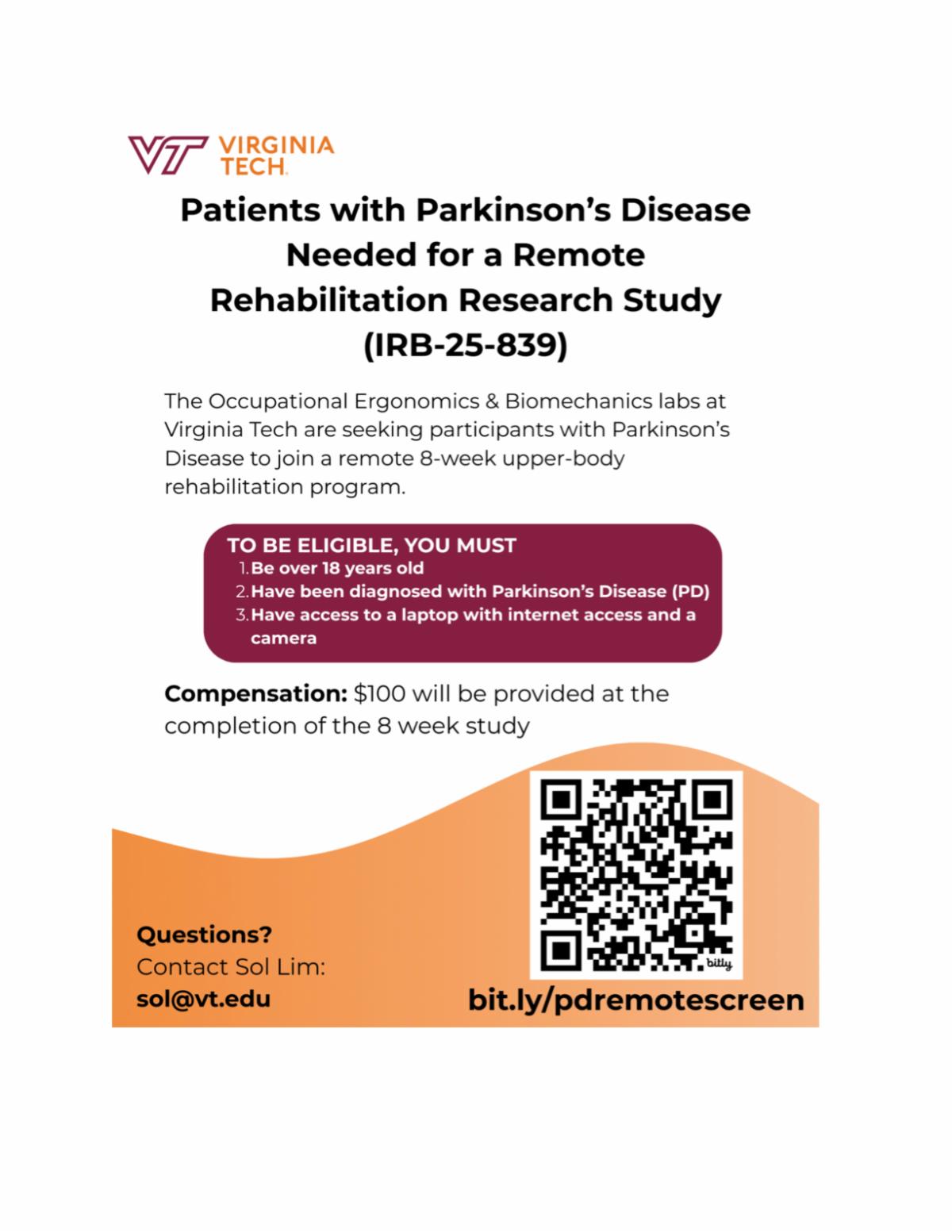 Patients with Parkinson's Disease Needed for A Remote Rehabilitation Research Study Poster