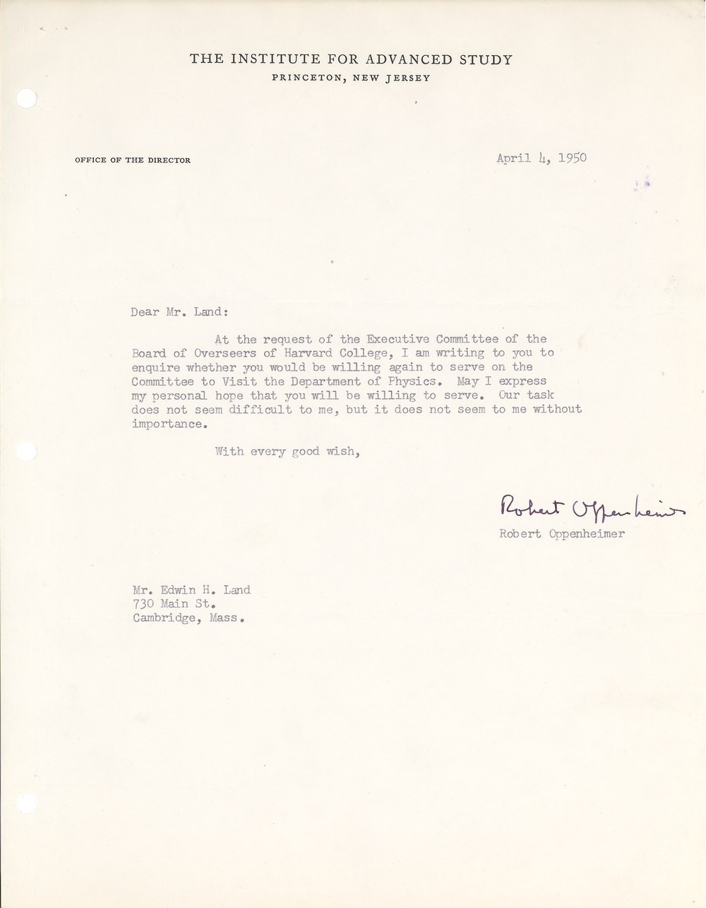 J. Robert Oppenheimer typed letter signed