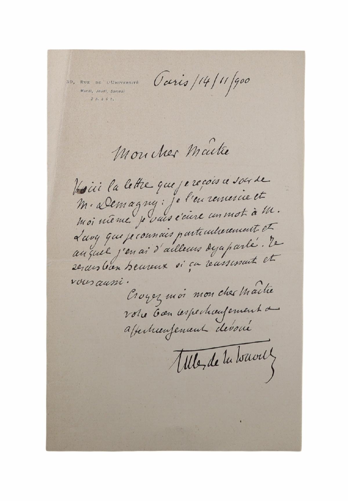 Georges Gilles de la Tourette autograph letter signed