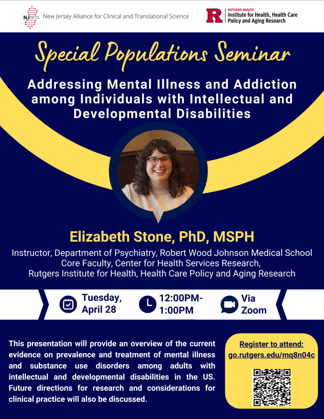 screenshot of flier for April 28 Special Populations Seminar with Elizabeth Stone