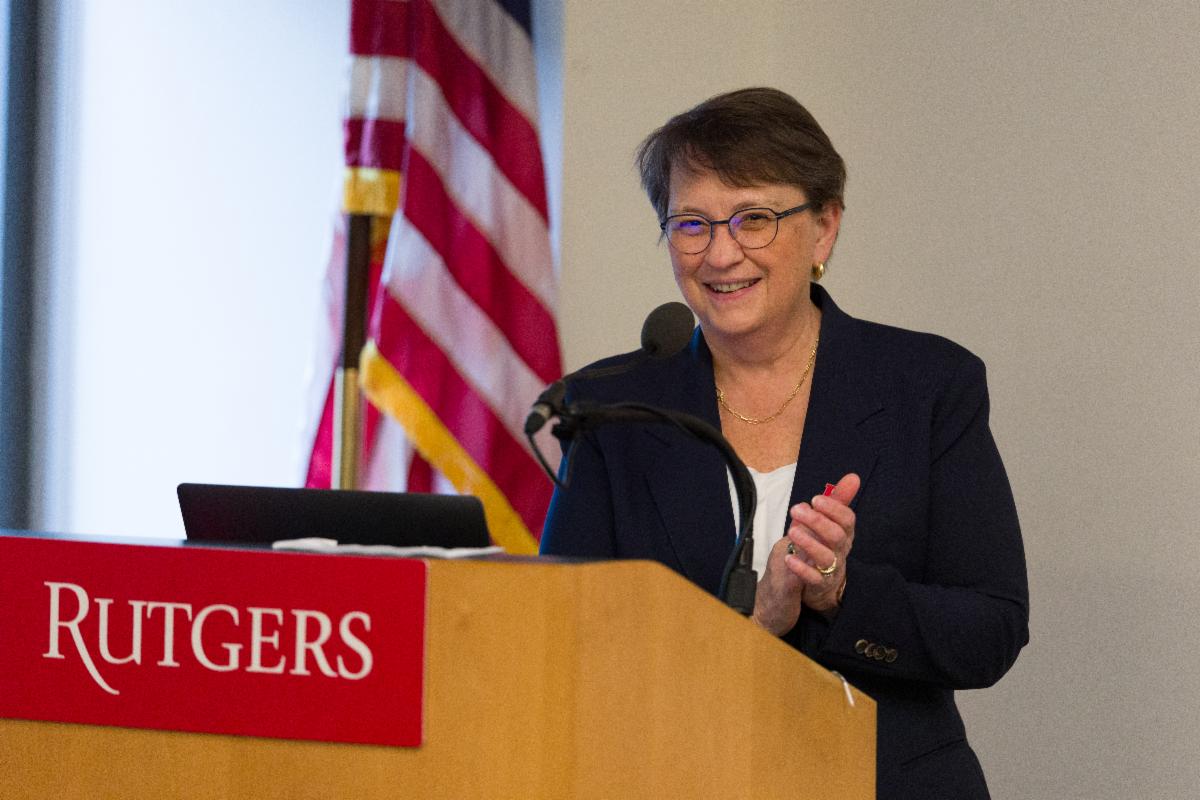 Dean Amy Murtha welcomes attendees at CHINJ 20th anniversary reception