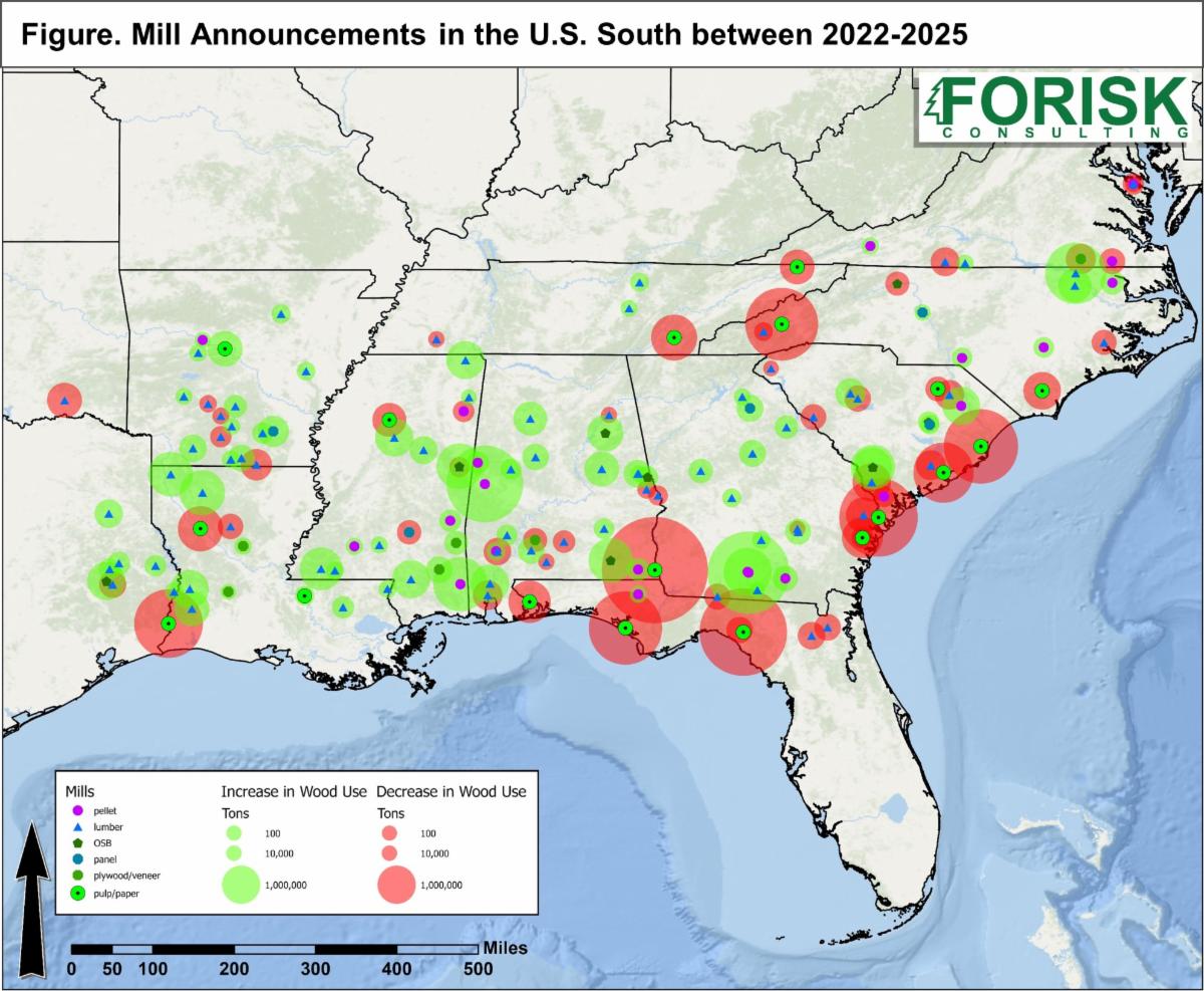 Map of Mill Announcements in the U.S. South between 2022-2025