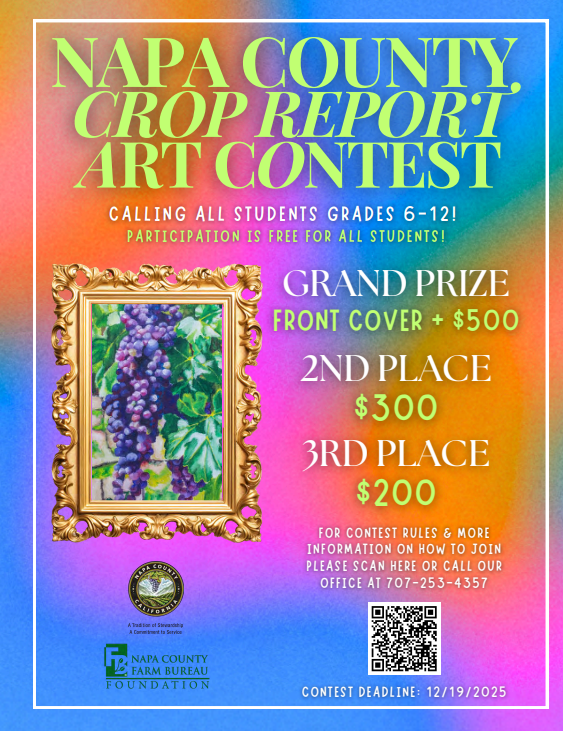 Contest flyer has bright colors that blend into eachother as the background. Large text at the top reads ‘Napa County Crop Report Art Contest.’ Description text reads ‘Call all students grades 6 through 12. Participation is free for all students. Grand prize is a front cover and five hundred dollars. Second place is three hundred dollars. Third place is 200 dollars.’