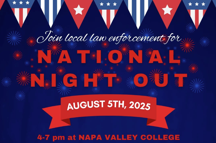 Graphic has dark blue background with red and blue sparkles. American flag themed bunting is across the top. Large letters read 'Join local law enforcement for National Night Out.' On a red ribbon at the bottom reads 'August 5th 2025' and below that in red letters '4 to 7 pm at Napa Valley College.'