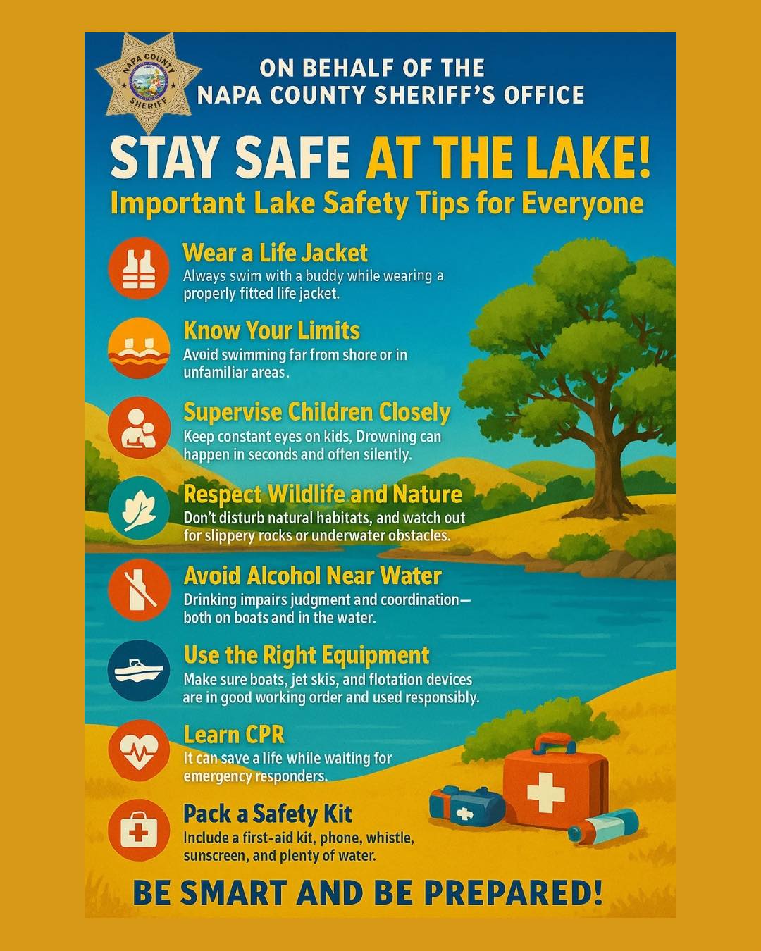 A safety poster from the Napa County Sheriff's Office titled Stay Safe at the Lake Important Lake Safety Tips for Everyone. It lists eight key safety tips. 1 Wear a life jacket. Always swim with a buddy while wearing a property fitted life jacket. 2 Know your limits. Avoid swimming far from shore or in unfamiliar areas. 3 Supervise children closely. Drowning can happen quickly and silently. Keep constant eyes on kids. 4 Respect wildlife and nature. Don't disturb habitant. Be cautious of slippery rocks and underwater obstacles. 5 Avoid alcohol near water. Alcohol impairs judgement and coordination in and around water. 6 Use the right equipment. Ensure boats jet skis and flotation devices are in good working order. 7 Learn CPR. It can save a life while waiting for help. 8 Pack a safety kit. Include a first aid kit phone whistle sunscreen and water. The background features a scenic lake with trees hills and safety icons illustrating each tip. At the bottom it says Be Smart and Be Prepared. 