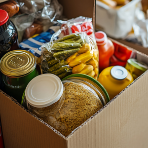Photo depicts a cardboard box filled with food items. None of them are labeled but it looks like both canned and dried and bottled goods. 