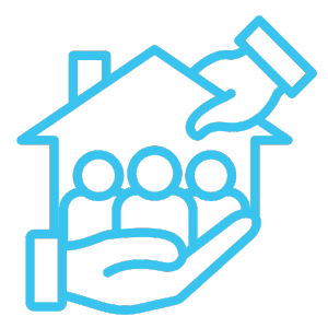 Graphic icon depicts a hand facing palm up holding three nondescript people. Another hand is depicted placing a house over the people.