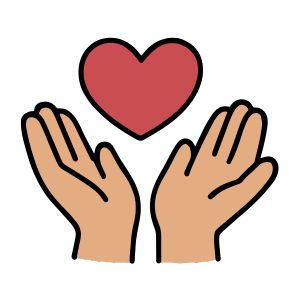 Graphic has two illustrated hands palms up and floating inbetween is a red heart illustrating ‘giving’. 