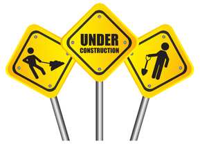 Graphic of three square yellow traffic signs. The first depicts a person shoveling. The center one has large letters that read 'Under Construction'. The third has a person standing holding a small shovel.