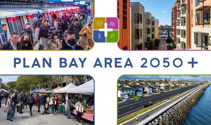 Graphic image has large title text across the middle that reads ‘Plan Bay Area 2050 plus.’ In the four corners of the image are different photos. The top left is of many people getting on and off of BART. The bottom left is of people attending an outside outreach fair or market. The bottom right is of a road along the shoreline that has a running path next to it and housing on the other side. The top right photo is of a large complex of multi family housing. 