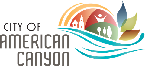 Image is of the official City of American Canyon logo. The illustration next to it includes graphic elements of waves leaves trees houses and a person. 
