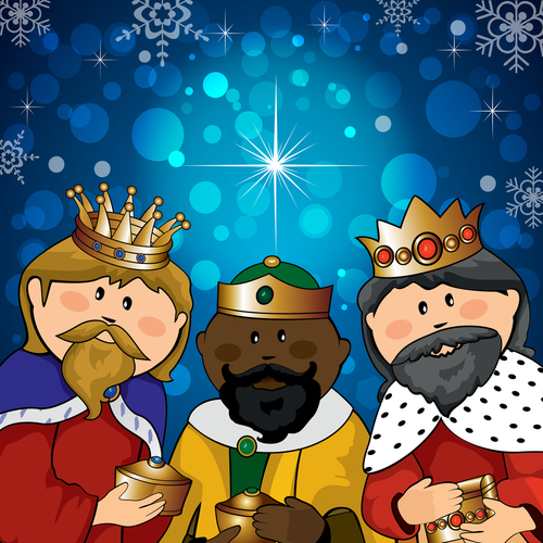 Three kings with gifts on the background of bright lights and comet