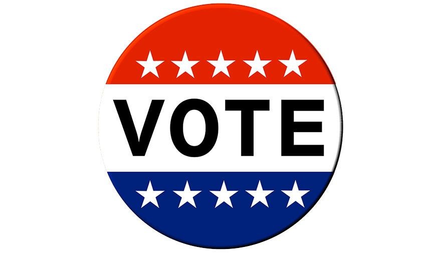 red, white, and blue VOTE circle logo