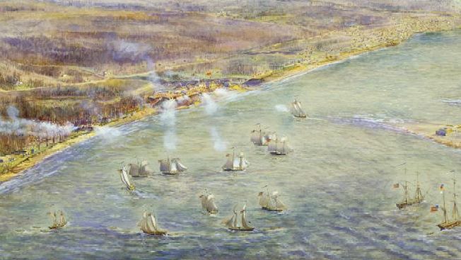 Extreme-wide watercolour aerial landscape painting of a shoreline. A fleet of ships are approaching a military fort on a shoreline connected to a peninsula. These ships are flying the Star-Spangled Banner.