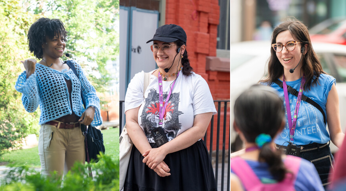 A collage with three images of Emerging Historians giving public tours for Heritage Toronto