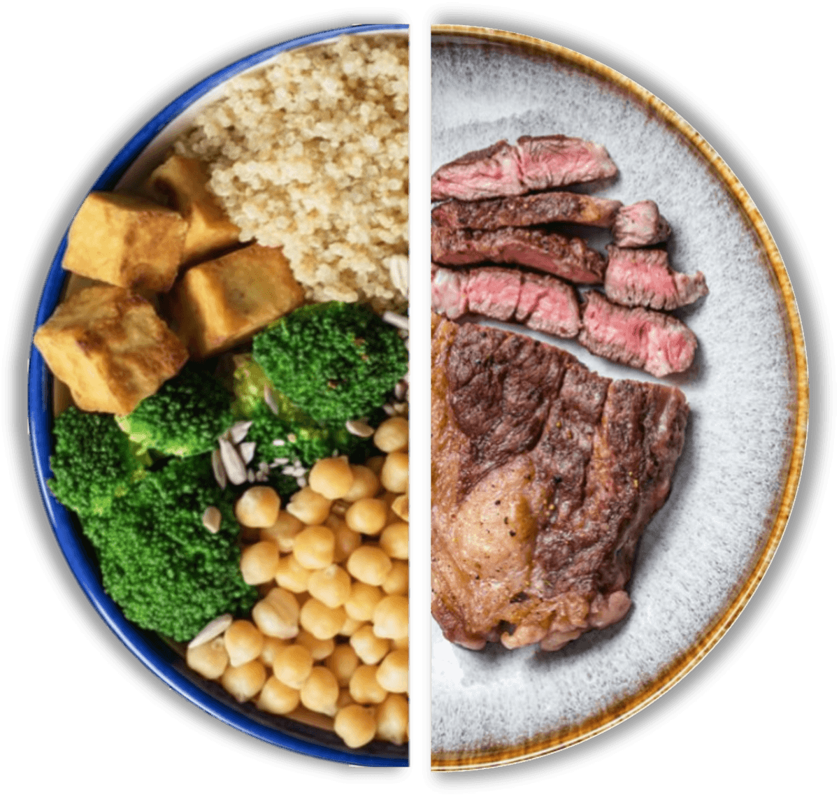 A split image of a plate, with tofu, beans, vegetables, and grains on one side and steak on the other side