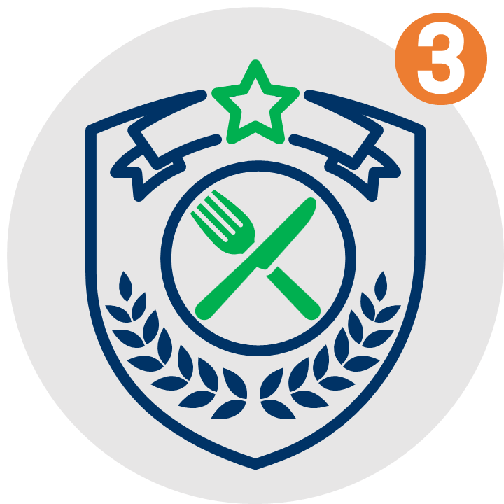 A superhero shield with a fork and knife insignia, symbolizing nutrition knowledge and confidence